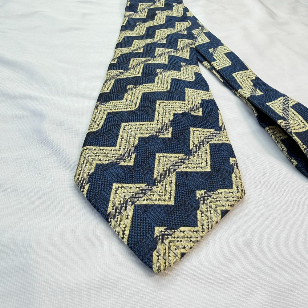 Ermenegildo Zegna Mens Necktie Navy Gold Silk Linen 58.5" Jacquard Made in Italy
